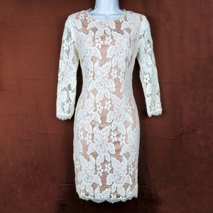 ADRIANNA PAPELL Ivory Nude 3/4 Sleeve Lace Dress